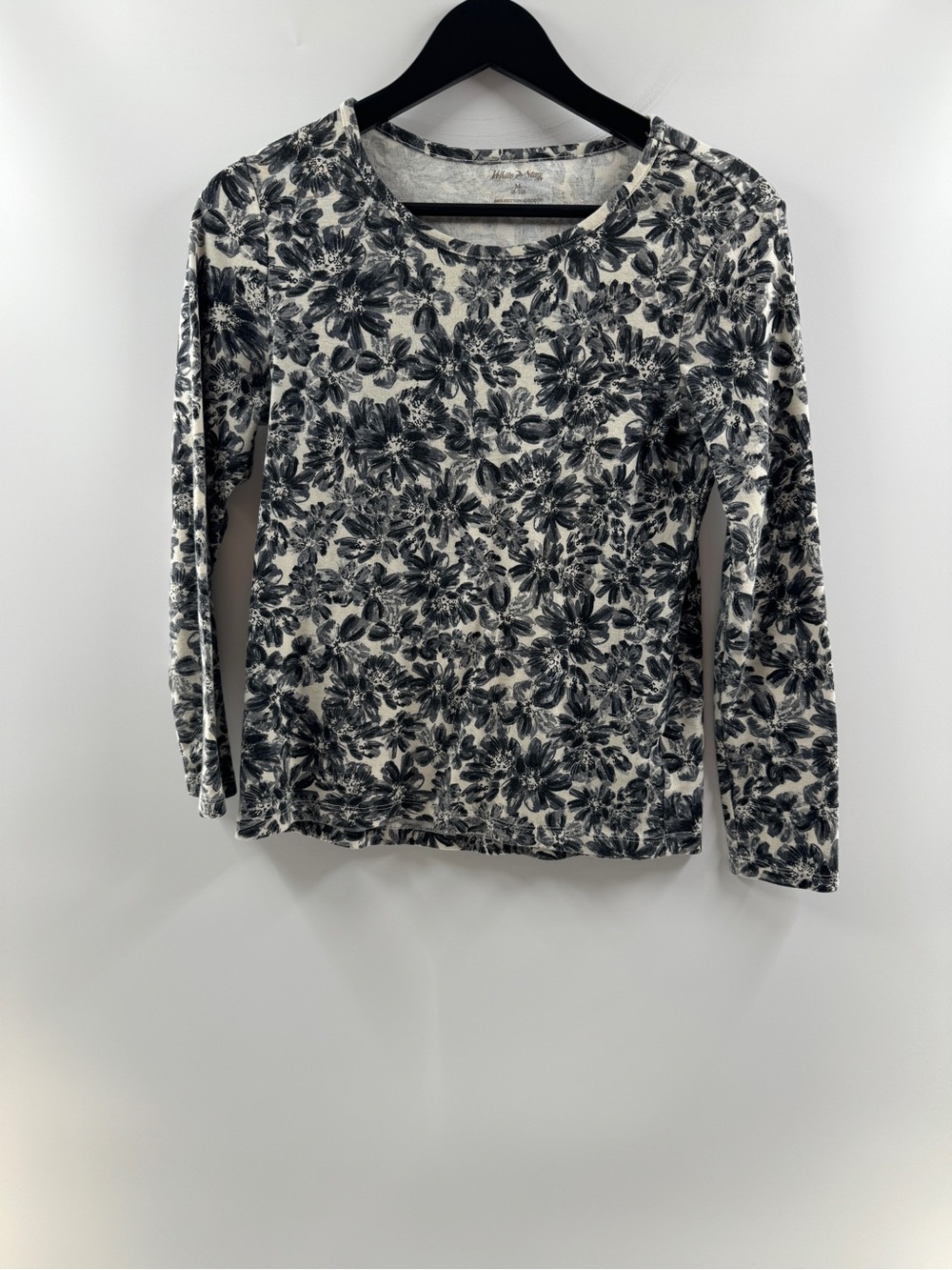 White Stag Floral Long Sleeve Top Women's Medium Black White 100% Cotton